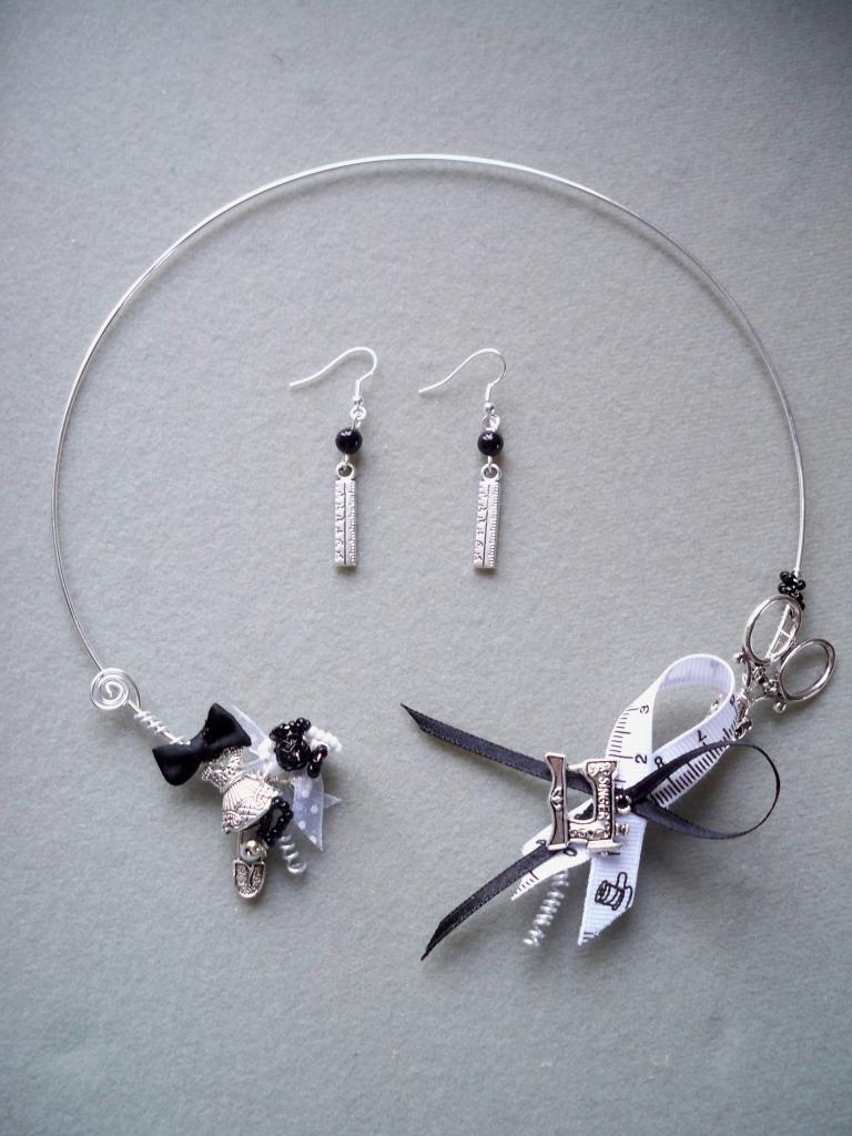 Collier et boucles d'oreilles support métal, thème couture, modèle 2