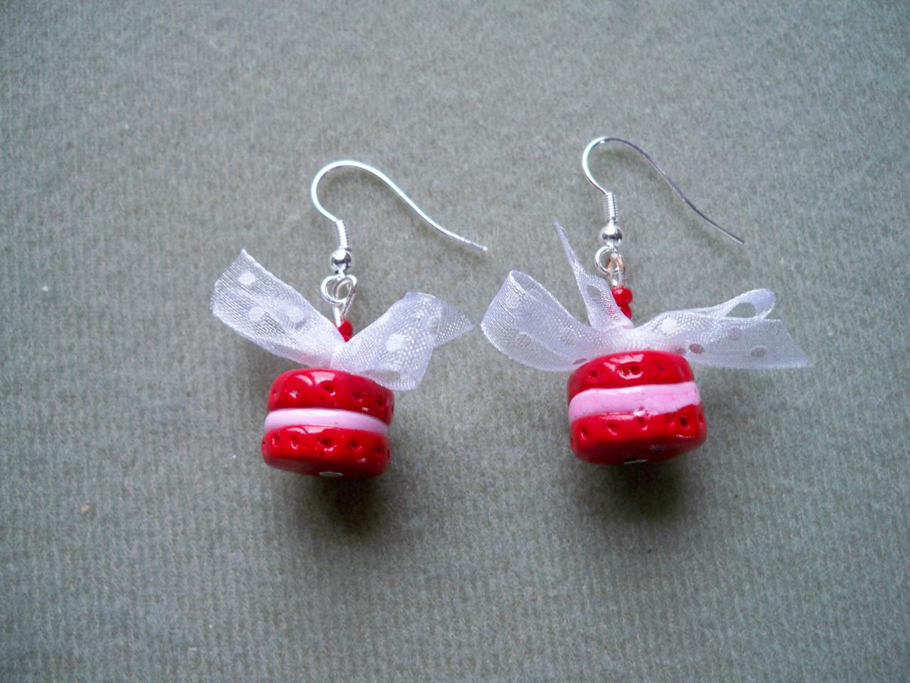 Boucles d'oreilles macarons rouges et roses