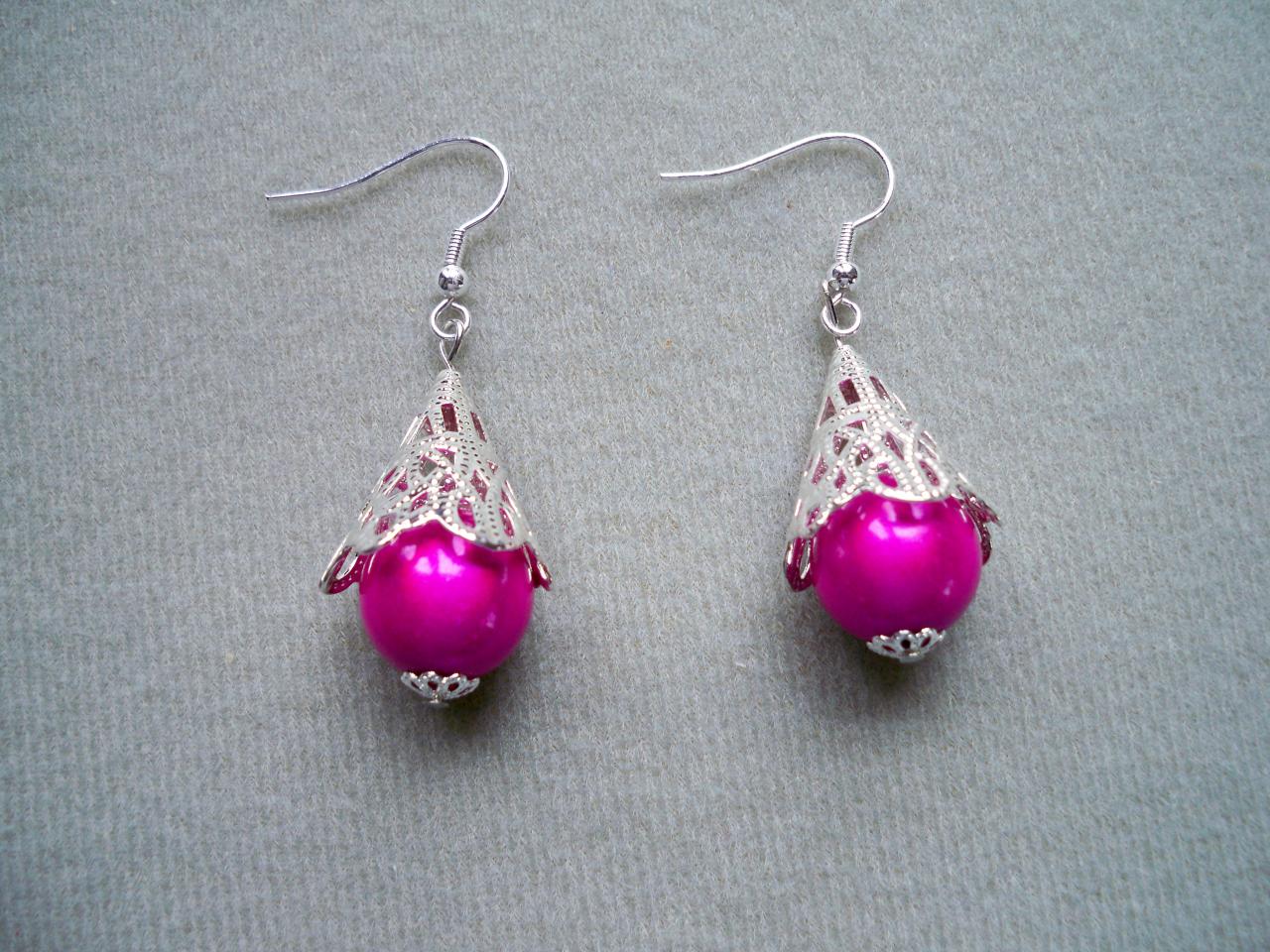 Boucles d'oreilles forme cônes et perles magiques roses fuchsia