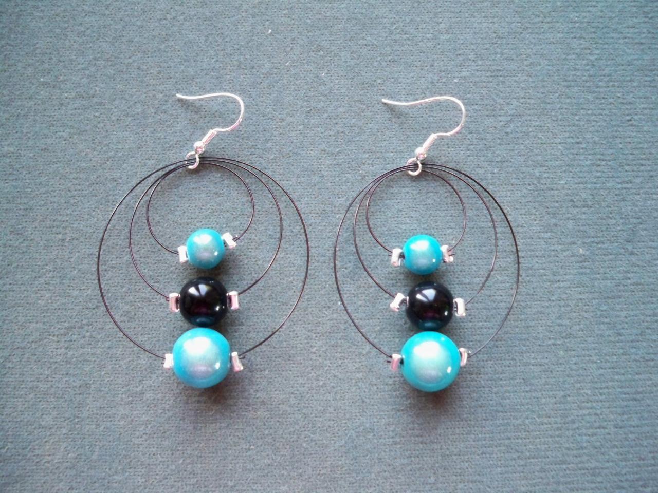 Boucles d'oreilles créoles perles magiques turquoises et noires