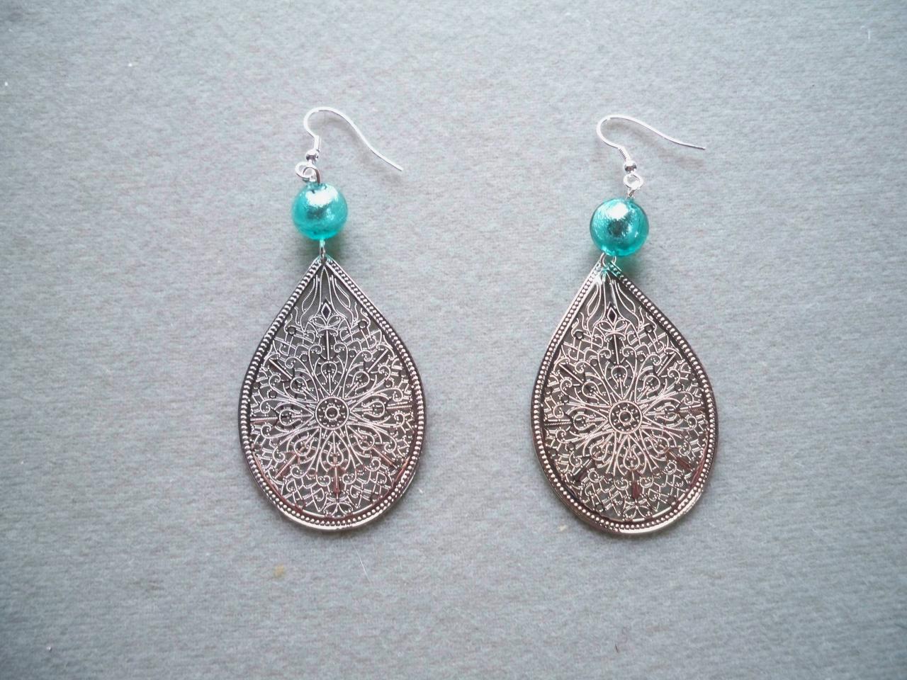 Boucles d'oreilles filigrane argenté et perle turquoise