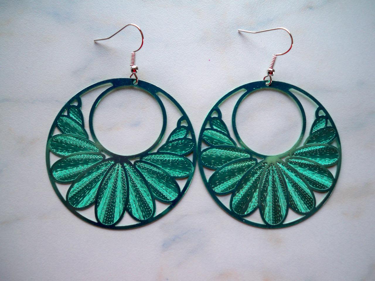 Boucles d'oreilles grand cercle fleur métal bleu-vert