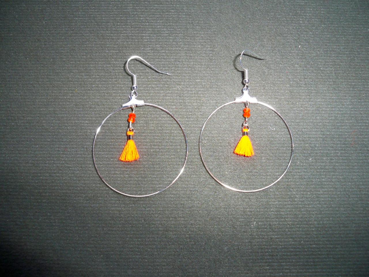 Nouveau ! Boucles d'oreilles anneau métal et plumeau orange