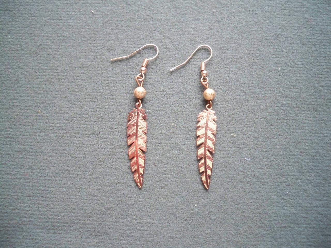 Nouveau ! Boucles d'oreilles fine plume cuivrée